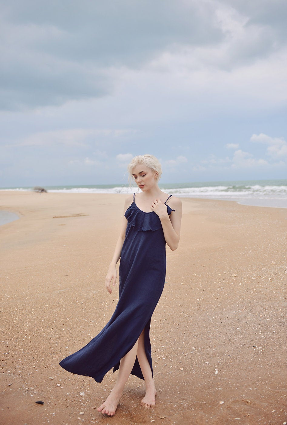 Lowback Linen Dress - Long Linen Dress - Linen Cotton Slip - Sides Slit Dress