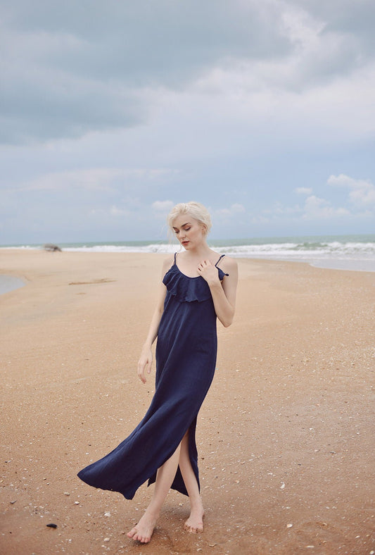 Lowback Linen Dress - Long Linen Dress - Linen Cotton Slip - Sides Slit Dress