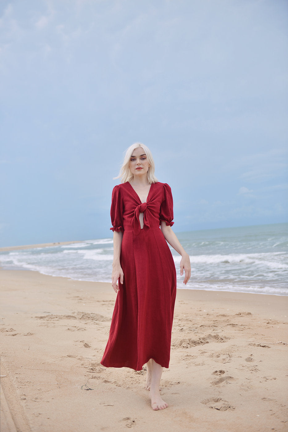 Red Linen Dress - Midi Linen Dress - Bow Tie Linen Dress