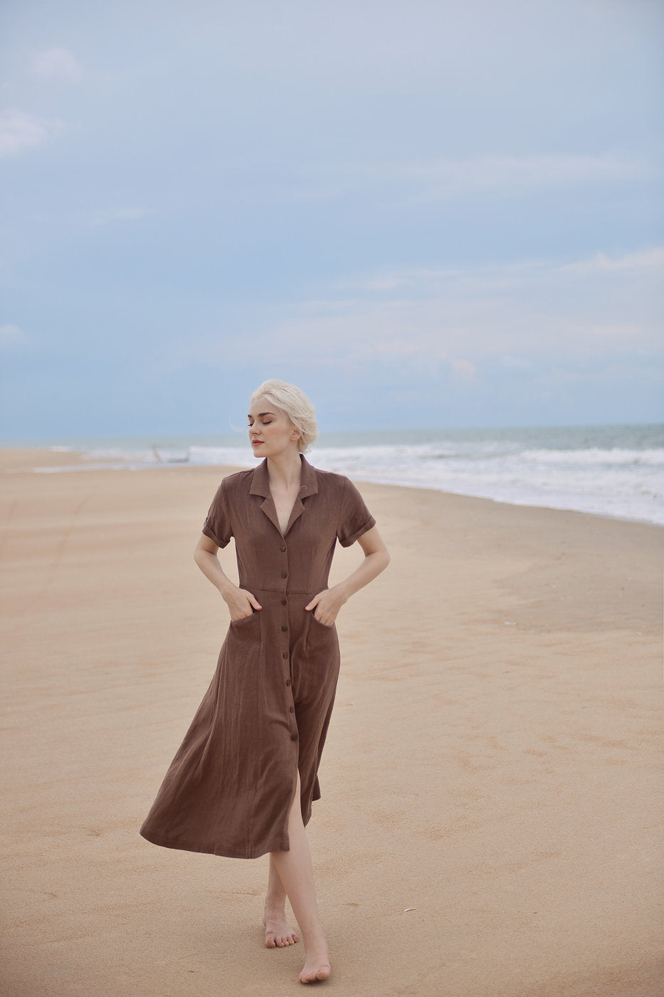 Button Linen Dress - Simple Cotton Dress - Short Sleeves Cotton Dress
