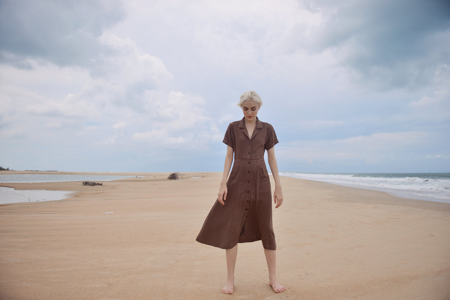 Button Linen Dress - Simple Cotton Dress - Short Sleeves Cotton Dress