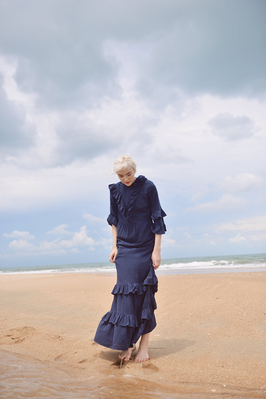 Cotton Dress with Frills - Cotton Linen Maxi Dress - Women Full Length Dress - Organic Clothing