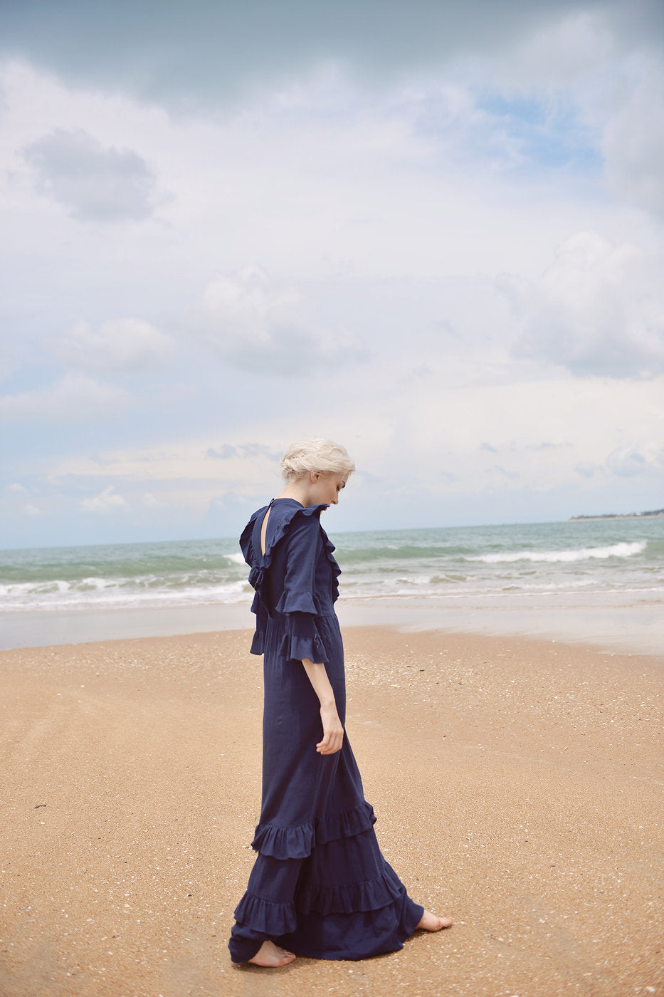 Cotton Dress with Frills - Cotton Linen Maxi Dress - Women Full Length Dress - Organic Clothing