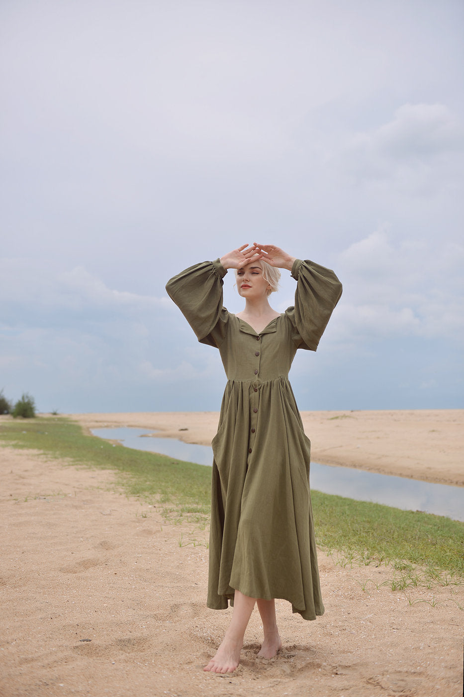 Linen Dress with Puff Sleeves - Long Linen Dress - Vintage Style Linen Dress - Folded Neck Long Dress