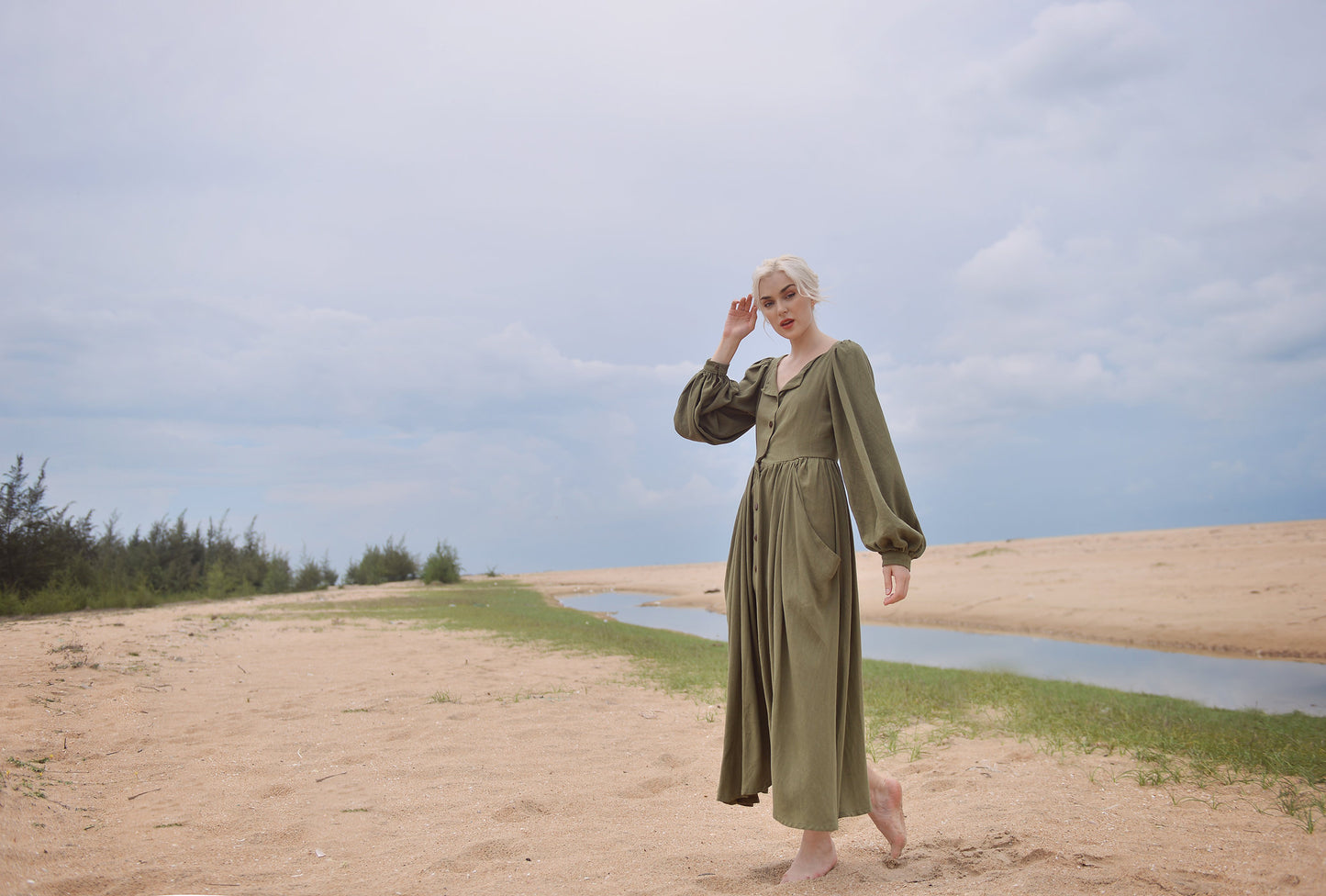 Linen Dress with Puff Sleeves - Long Linen Dress - Vintage Style Linen Dress - Folded Neck Long Dress