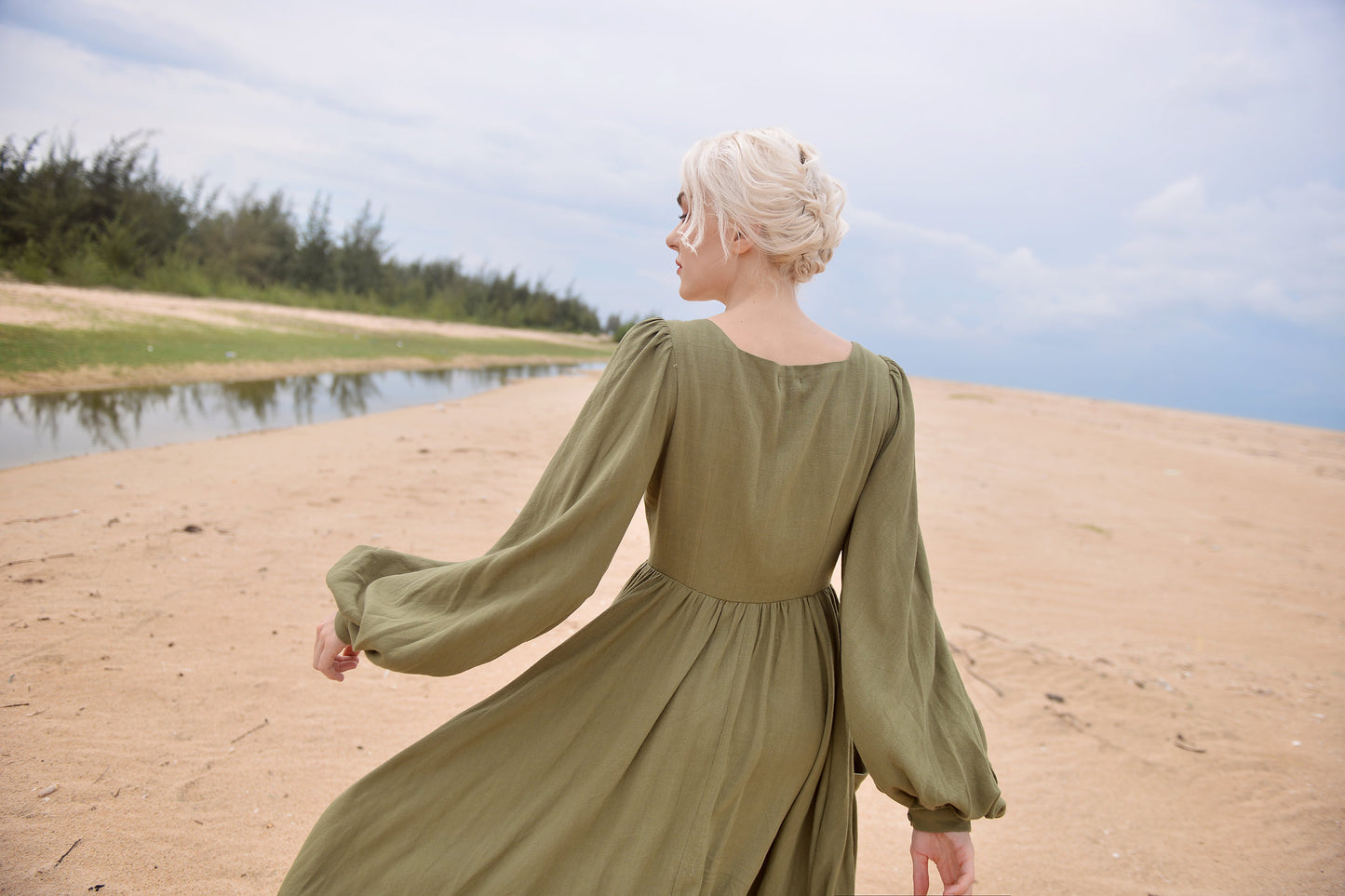 Linen Dress with Puff Sleeves - Long Linen Dress - Vintage Style Linen Dress - Folded Neck Long Dress
