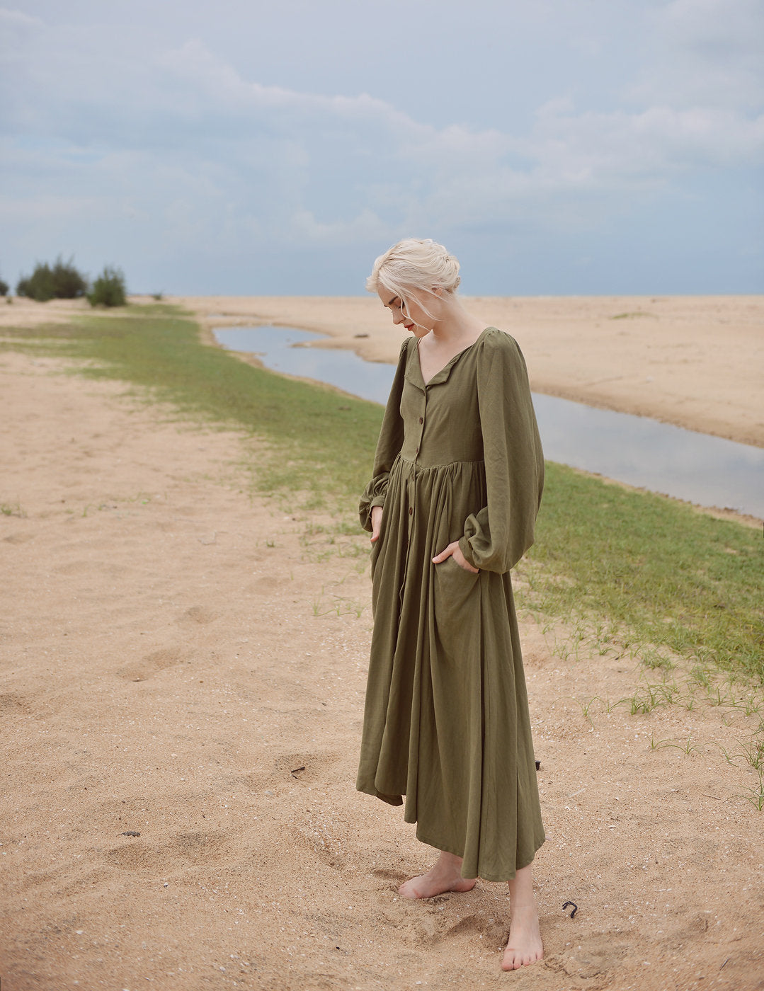 Linen Dress with Puff Sleeves - Long Linen Dress - Vintage Style Linen Dress - Folded Neck Long Dress