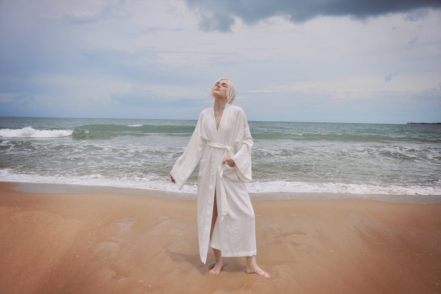 Women Linen Robe with Pockets - Linen Long Robe - Organic Cotton - Women Linen Robe