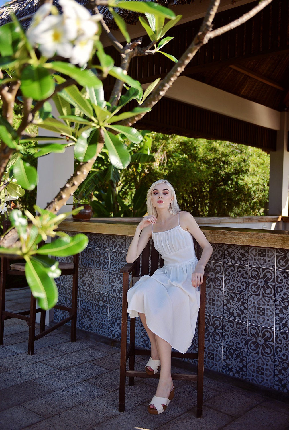 Cotton Linen Gathered Dress - Linen White Midi Dress - Vintage Style Dress - Retro Sundress Cotton