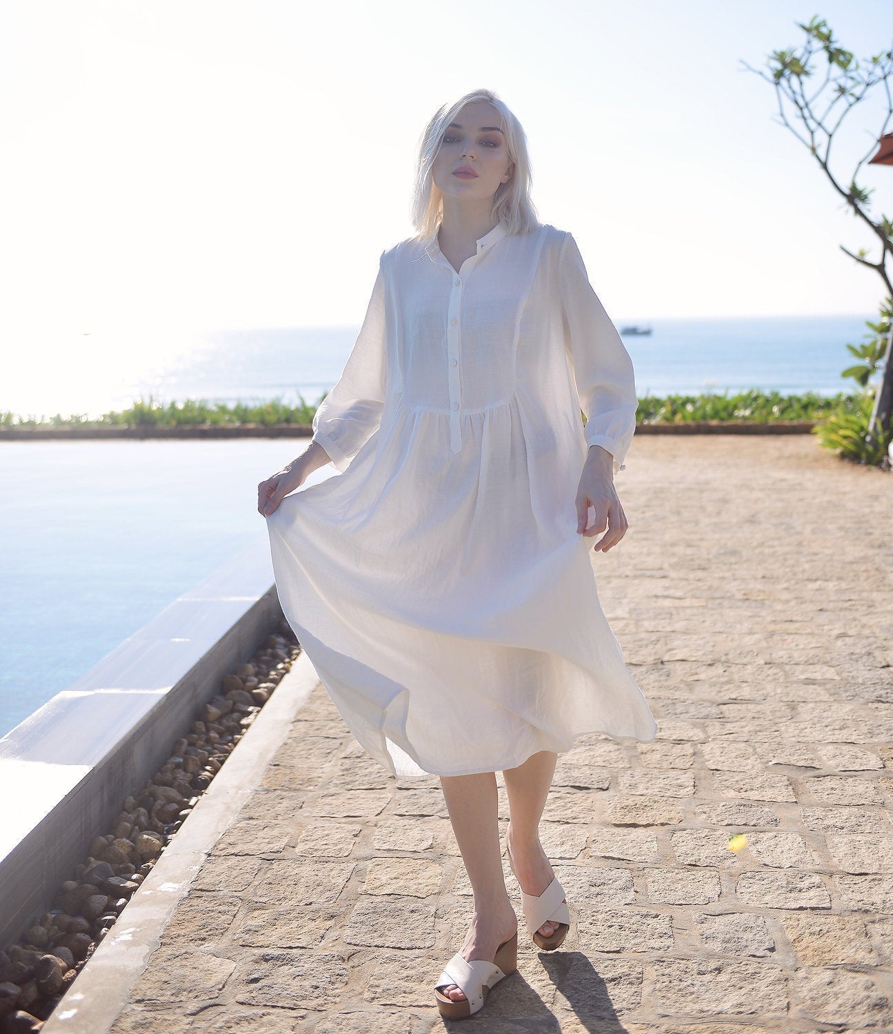 Linen Kaftan Tunic Dress - Cotton Mid-calf Tunic Dress - Organic Clothing