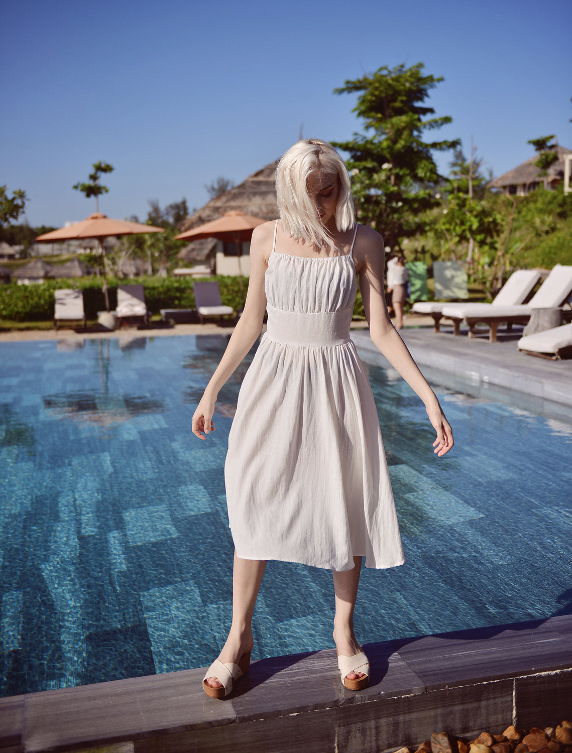 Cotton Linen Gathered Dress - Linen White Midi Dress - Vintage Style Dress - Retro Sundress Cotton