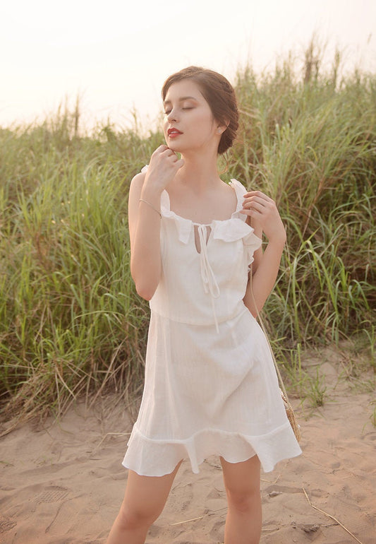 Linen White Summer Dress - Women Frills Dress - Ruffles Cotton Dress - Natural Fabric
