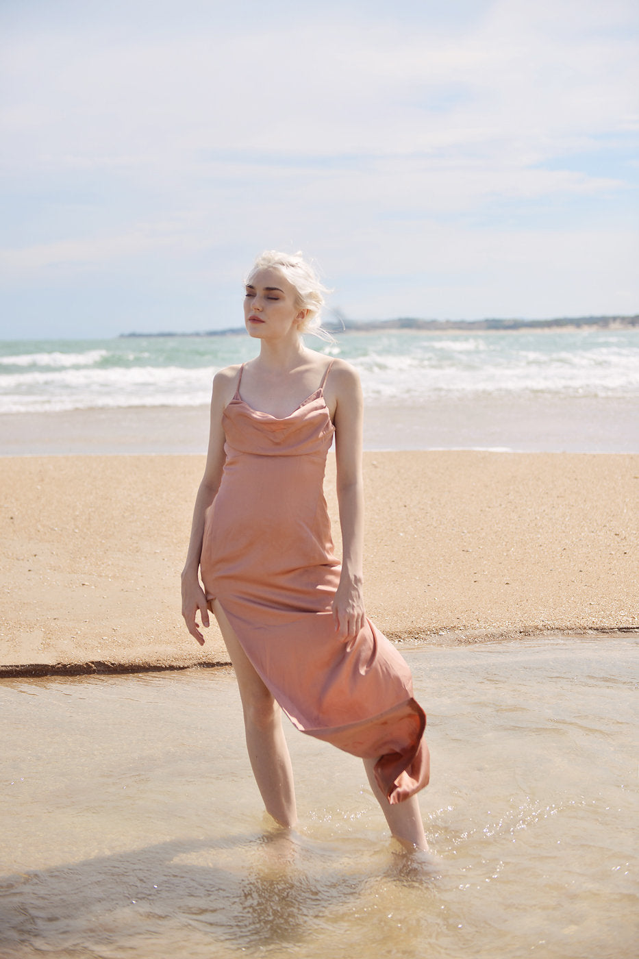 Side Slit Silk Dress - Women Long Dress - Silk Dress Cowl Neck