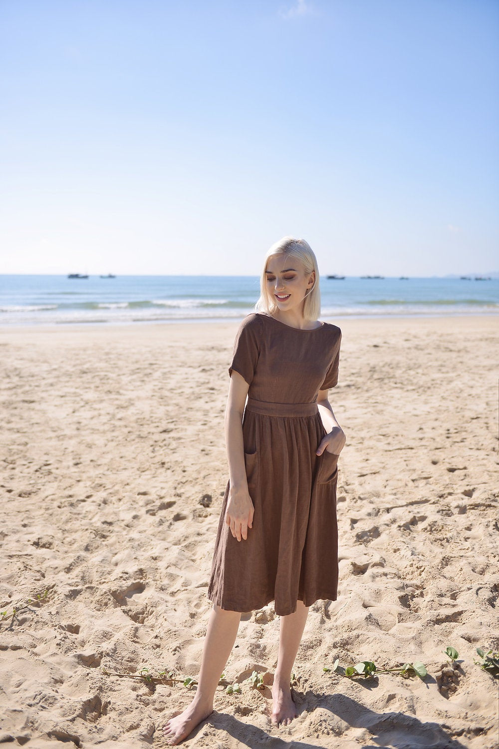 Openback Linen Dress - Linen Dress with Pockets - Openback Linen Dress - Natural Fabric