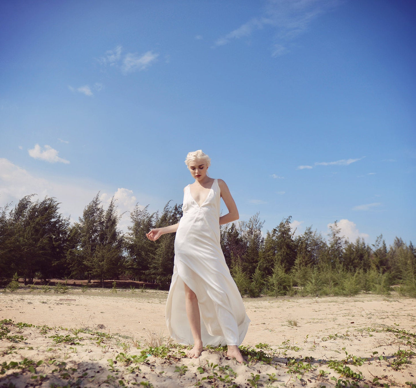 Low Cut Silk Dress - Deep Vneck Gown - Long Simple Silk Dress