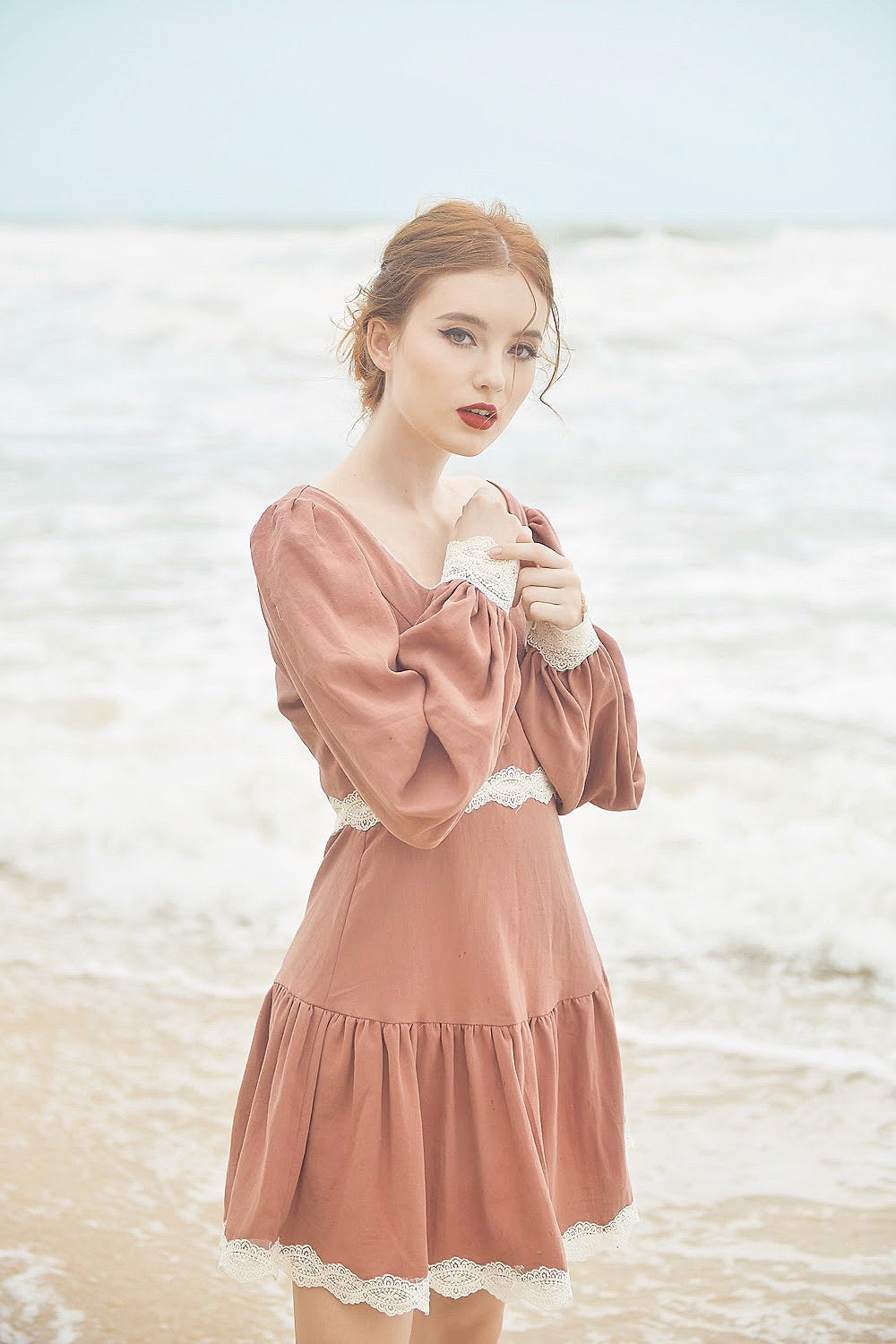 Cotton Dress Long Sleeves - Vintage Style Dress - Cotton Linen Midi Dress