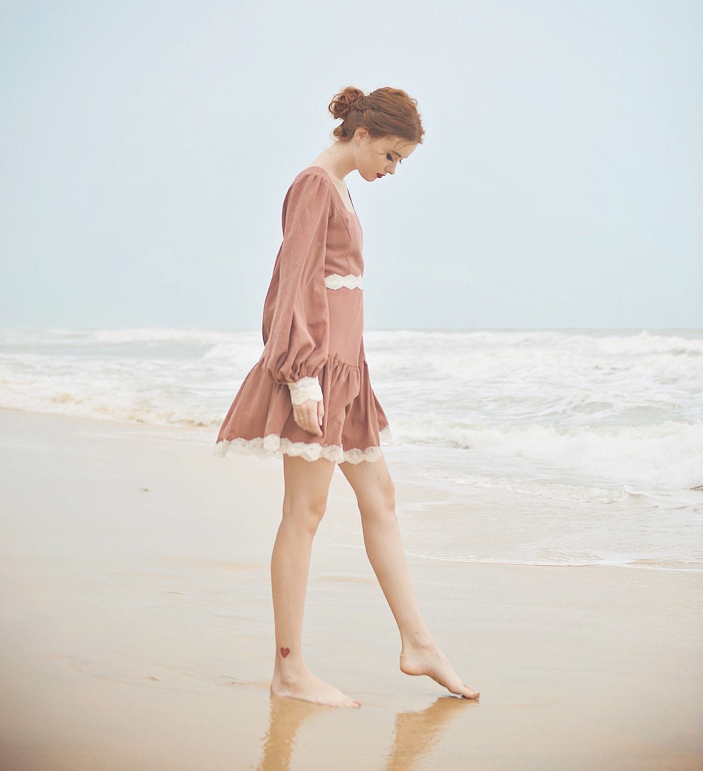 Cotton Dress Long Sleeves - Vintage Style Dress - Cotton Linen Midi Dress