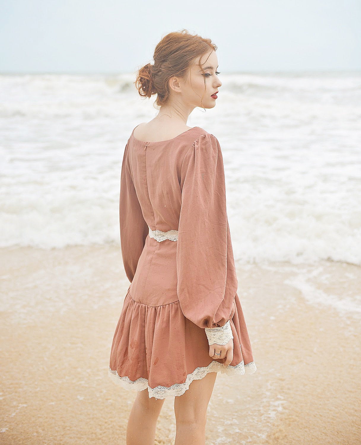 Cotton Dress Long Sleeves - Vintage Style Dress - Cotton Linen Midi Dress