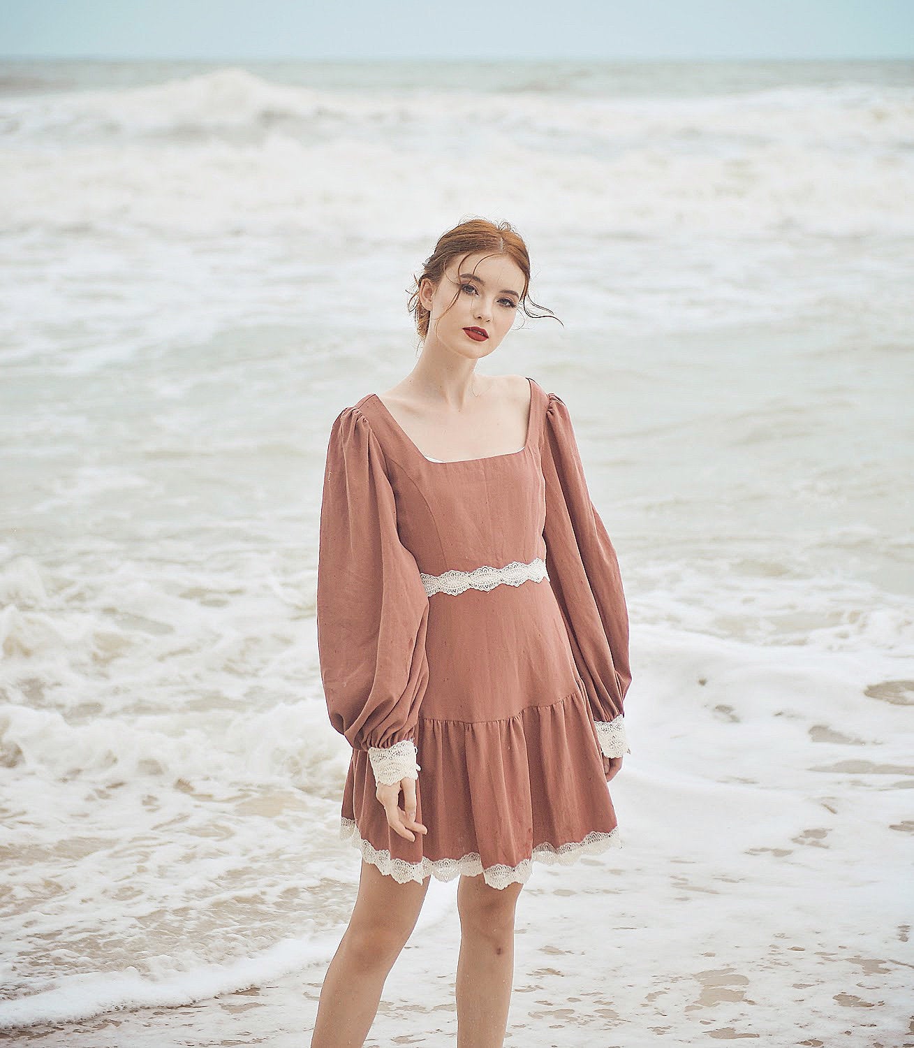 Cotton Dress Long Sleeves - Vintage Style Dress - Cotton Linen Midi Dress
