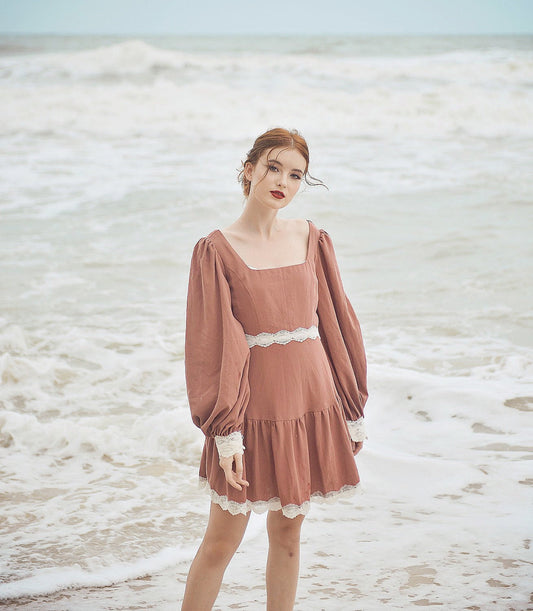 Cotton Dress Long Sleeves - Vintage Style Dress - Cotton Linen Midi Dress
