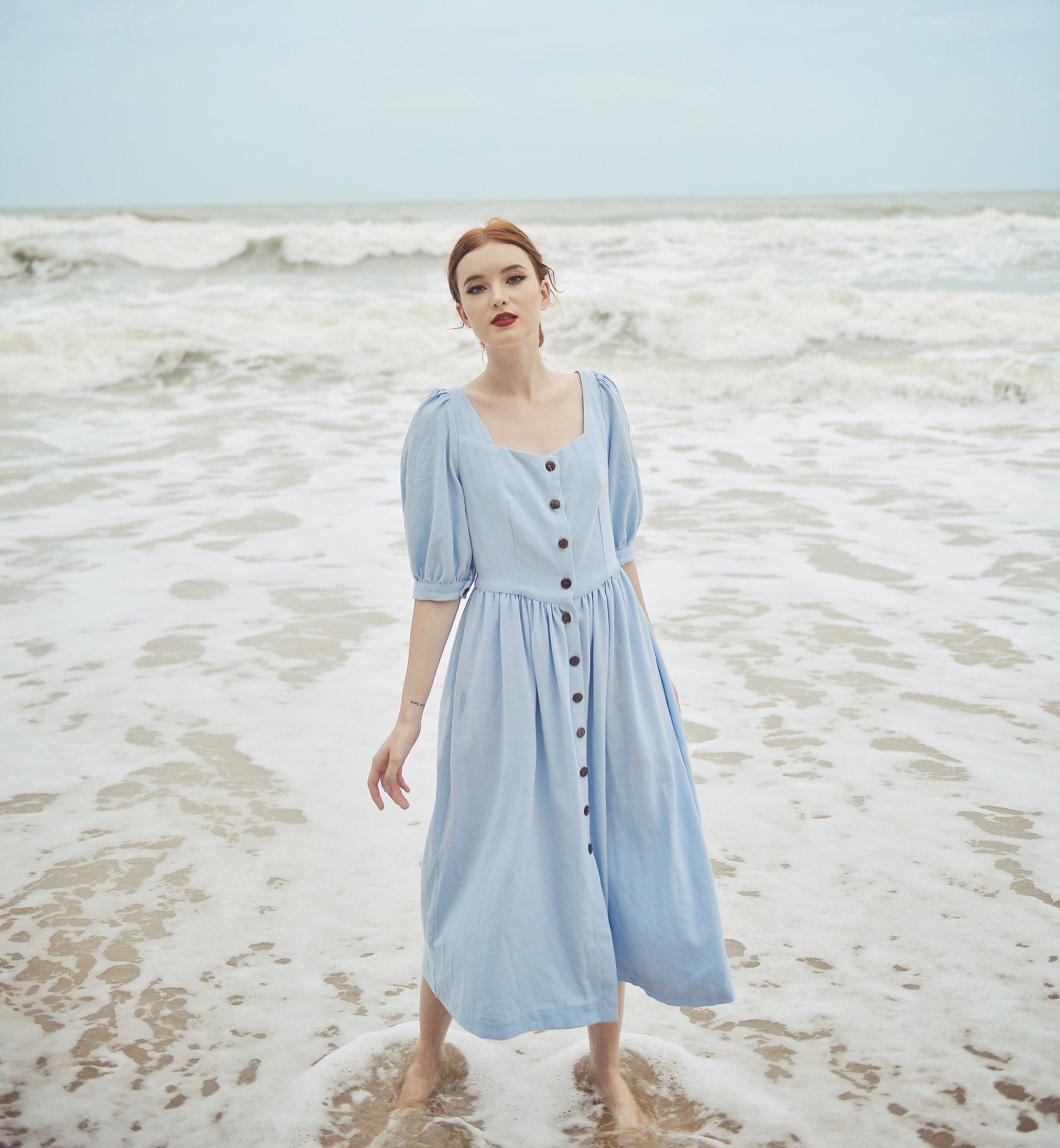 Midi Linen Dress Buttons - Linen Dress with Pockets - Half Sleeve Dress - Women Linen Dress - Cotton Mid-calf Dress