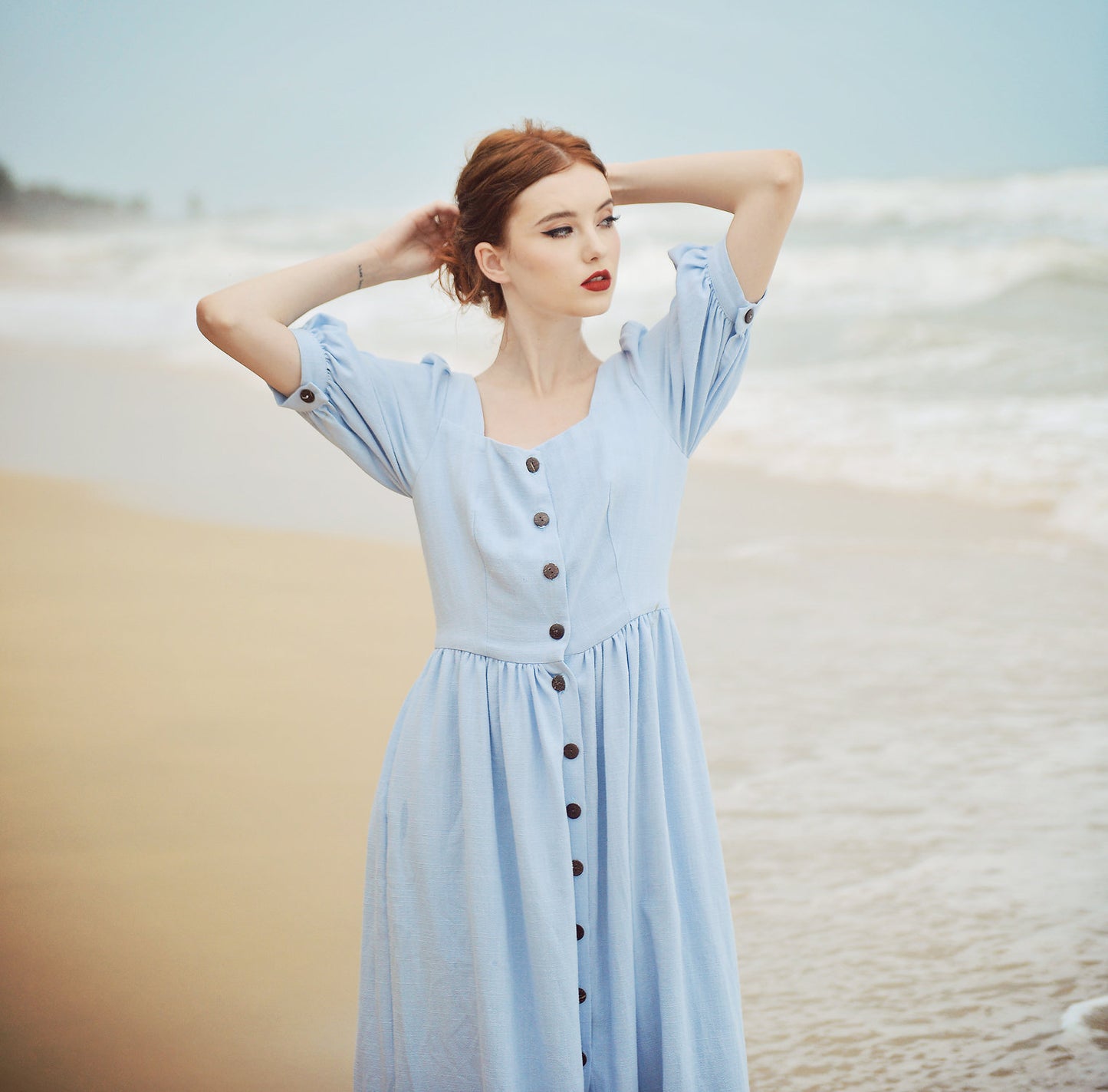 Midi Linen Dress Buttons - Linen Dress with Pockets - Half Sleeve Dress - Women Linen Dress - Cotton Mid-calf Dress