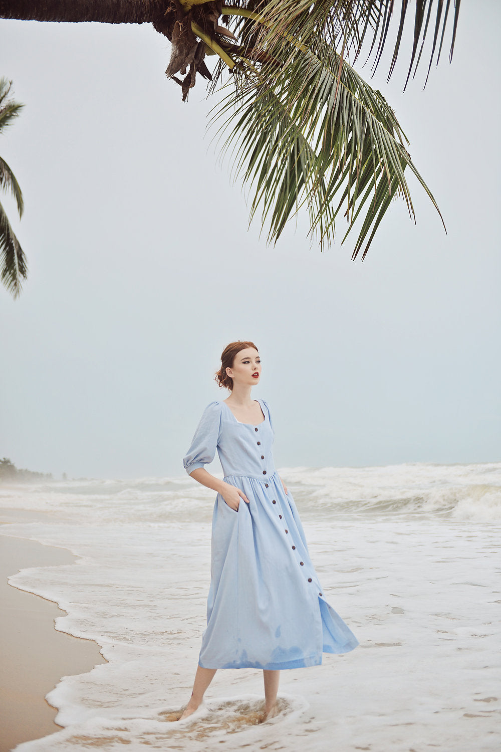 Midi Linen Dress Buttons - Linen Dress with Pockets - Half Sleeve Dress - Women Linen Dress - Cotton Mid-calf Dress