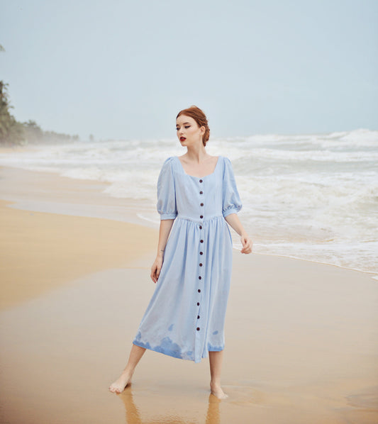 Midi Linen Dress Buttons - Linen Dress with Pockets - Half Sleeve Dress - Women Linen Dress - Cotton Mid-calf Dress