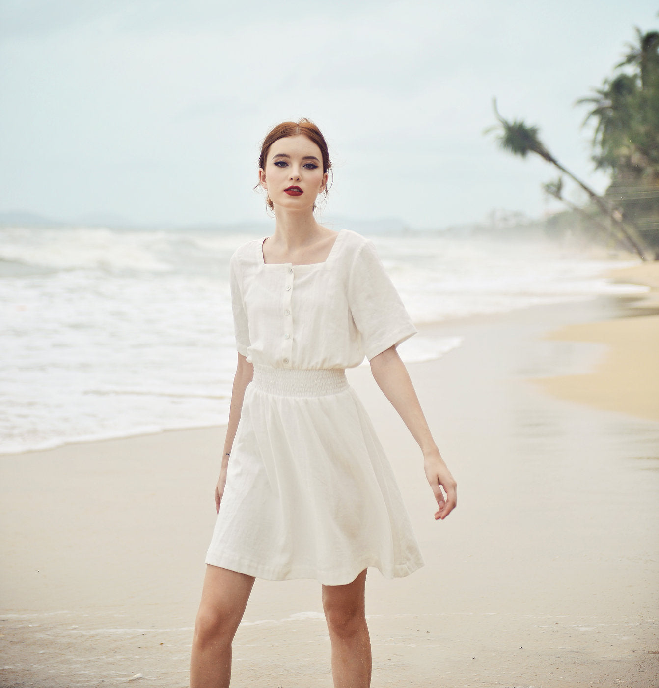 Cotton Mini Dress - White Linen Dress - Summer White Dress - Square neck - Short Sleeves - Button Down