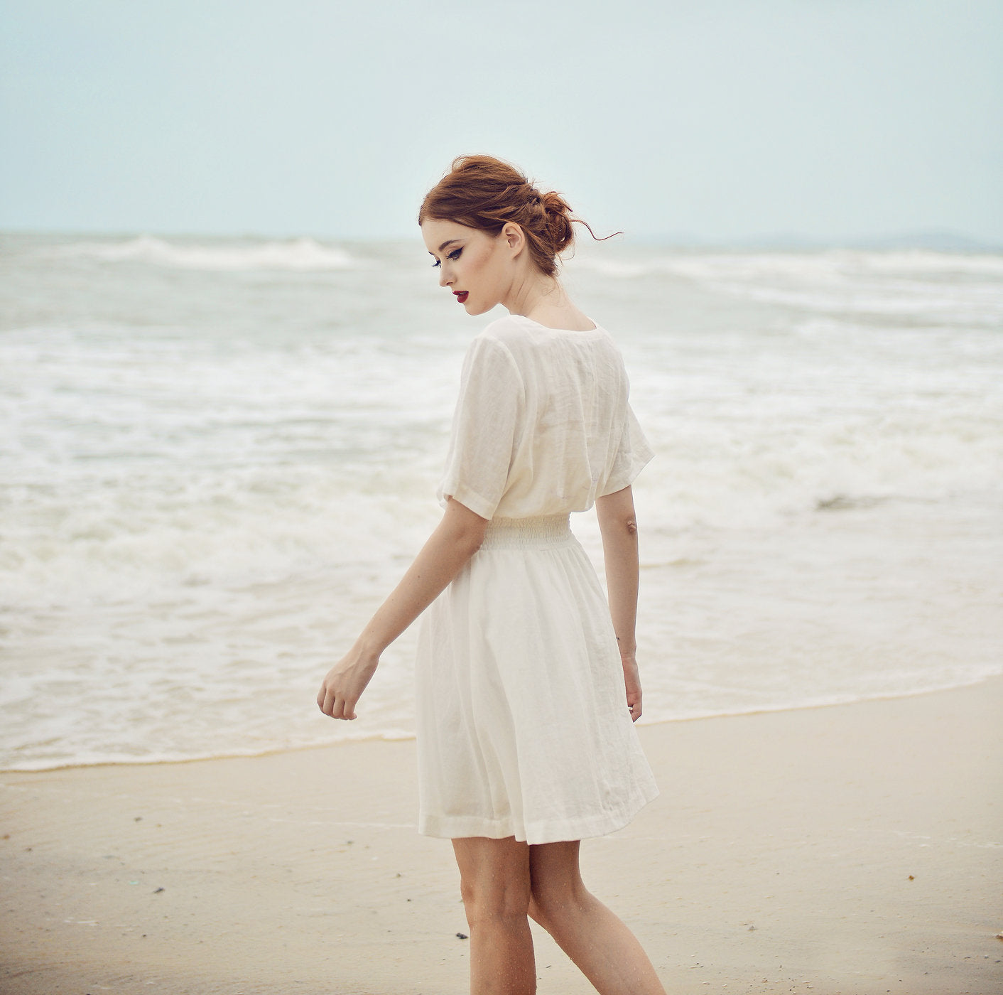 Cotton Mini Dress - White Linen Dress - Summer White Dress - Square neck - Short Sleeves - Button Down