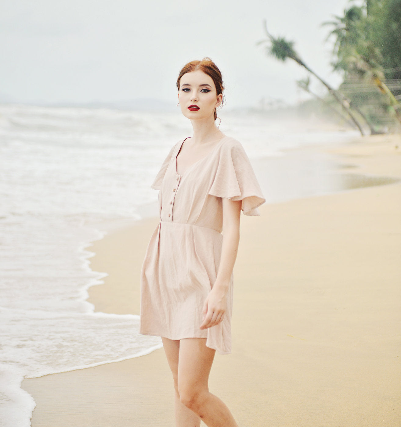 Cotton SunDress - Ruffle Sleeves - Button Cotton Dress - Organic Cotton Dress