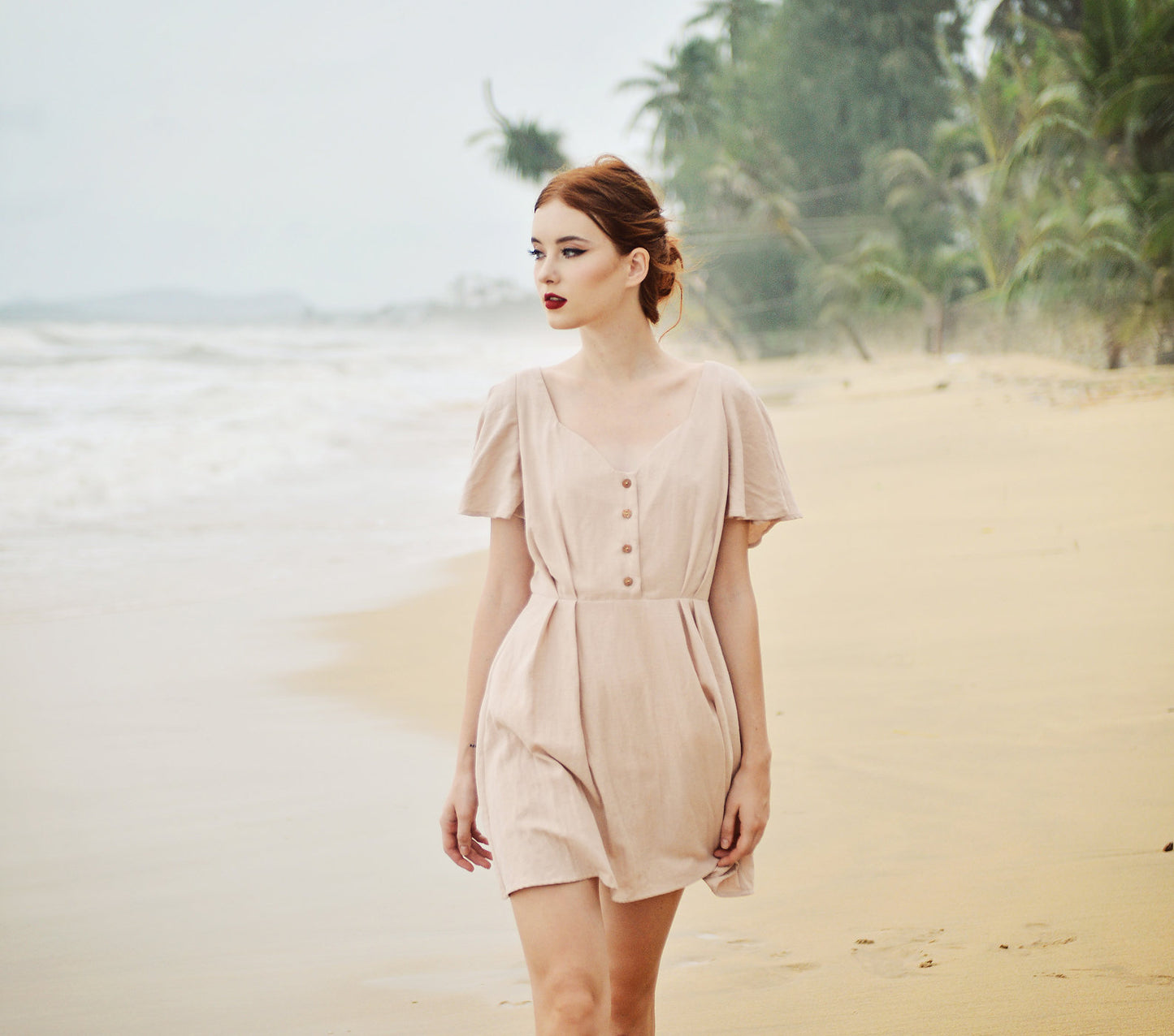 Cotton SunDress - Ruffle Sleeves - Button Cotton Dress - Organic Cotton Dress