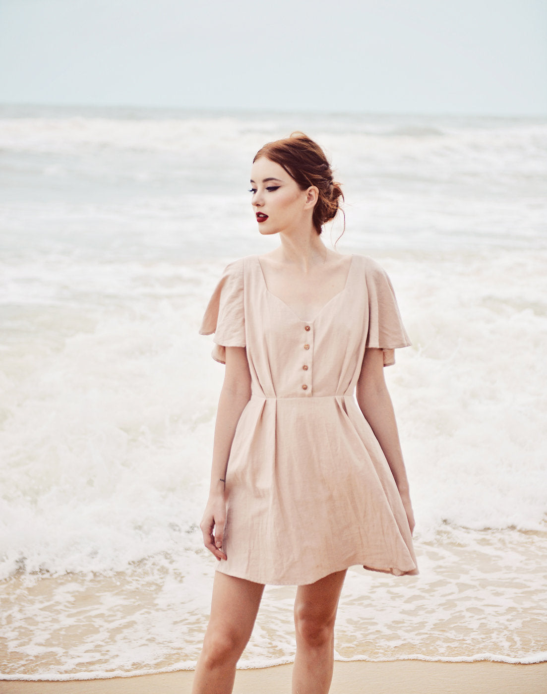 Cotton SunDress - Ruffle Sleeves - Button Cotton Dress - Organic Cotton Dress
