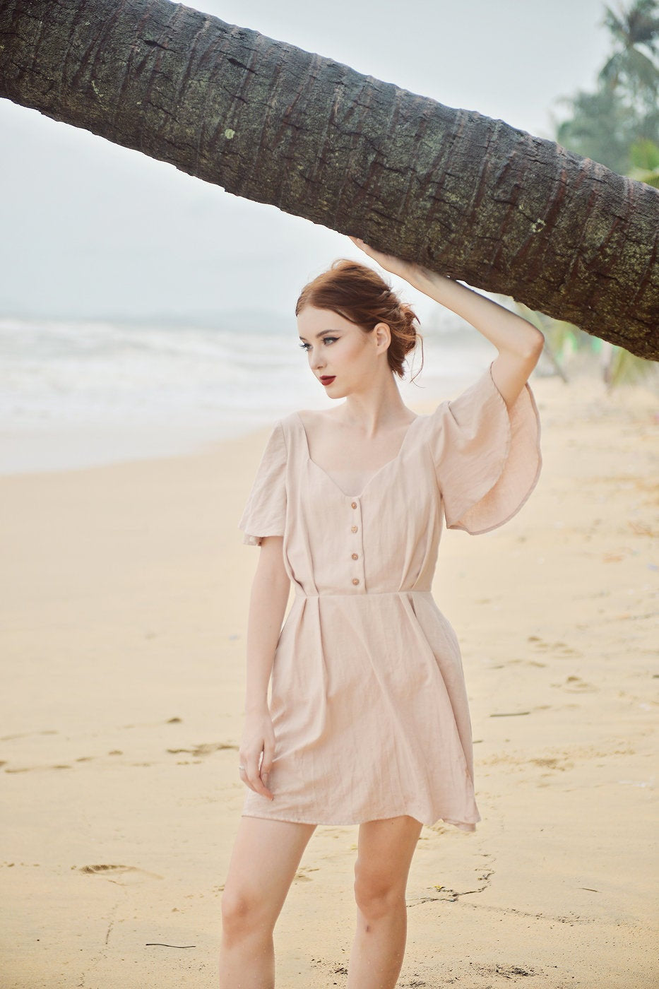 Cotton SunDress - Ruffle Sleeves - Button Cotton Dress - Organic Cotton Dress