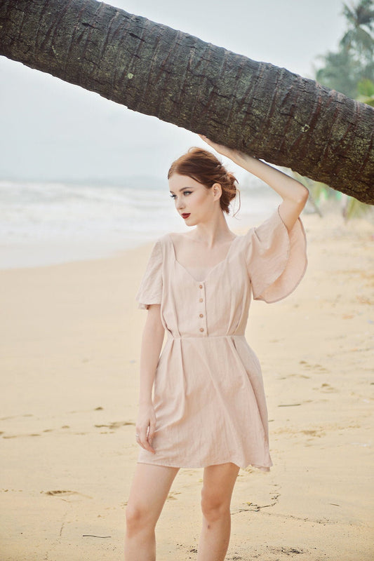 Cotton SunDress - Ruffle Sleeves - Button Cotton Dress - Organic Cotton Dress