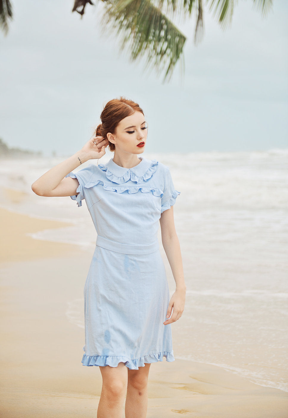 Summer Dress Cotton - Women Linen Dress - Short Sleeves Dress - Frills Cotton Dress