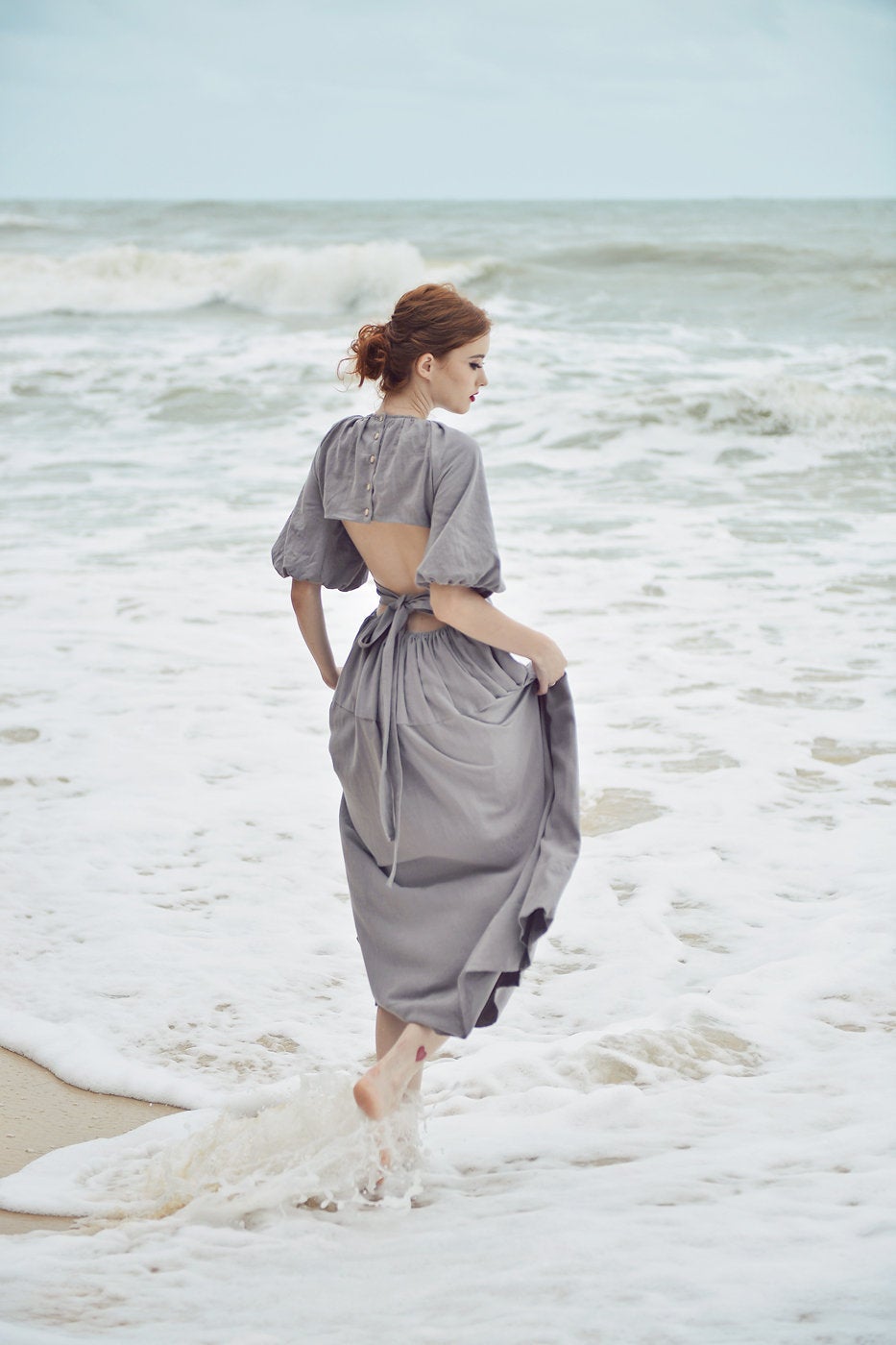 Open Back Linen Sundress - Linen Summer Maxi Dress - Backless Cotton Dress - Balloon Sleeves Dress - Bridesmaids Dress