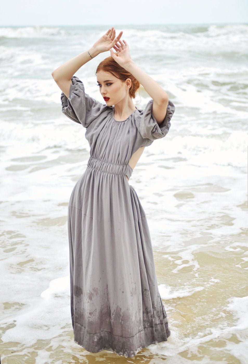 Open Back Linen Sundress - Linen Summer Maxi Dress - Backless Cotton Dress - Balloon Sleeves Dress - Bridesmaids Dress