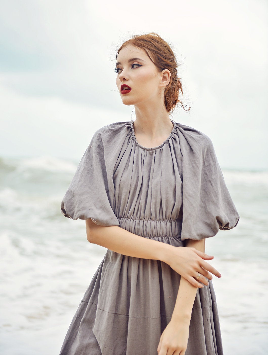 Open Back Linen Sundress - Linen Summer Maxi Dress - Backless Cotton Dress - Balloon Sleeves Dress - Bridesmaids Dress