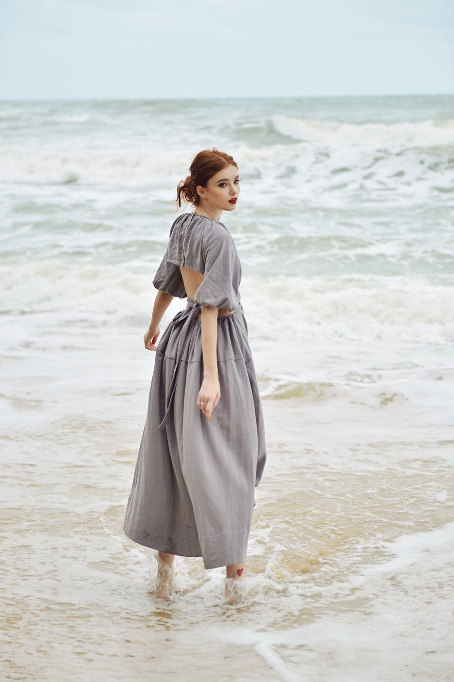 Open Back Linen Sundress - Linen Summer Maxi Dress - Backless Cotton Dress - Balloon Sleeves Dress - Bridesmaids Dress