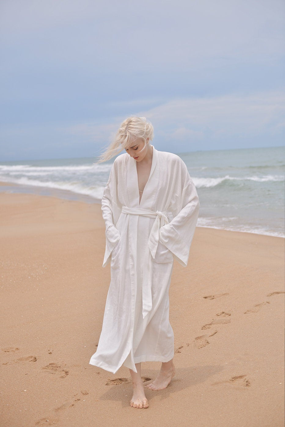Women Linen Robe with Pockets - Linen Long Robe - Organic Cotton - Women Linen Robe