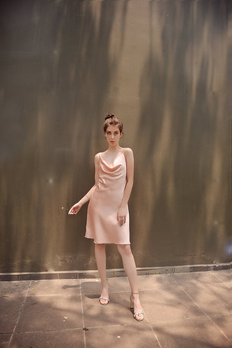 Silk Dress Cowl Neck - Bridesmaids Silk Dress - Draped Front Silk Dress - Basic Silk Dress - Women Silk Dress