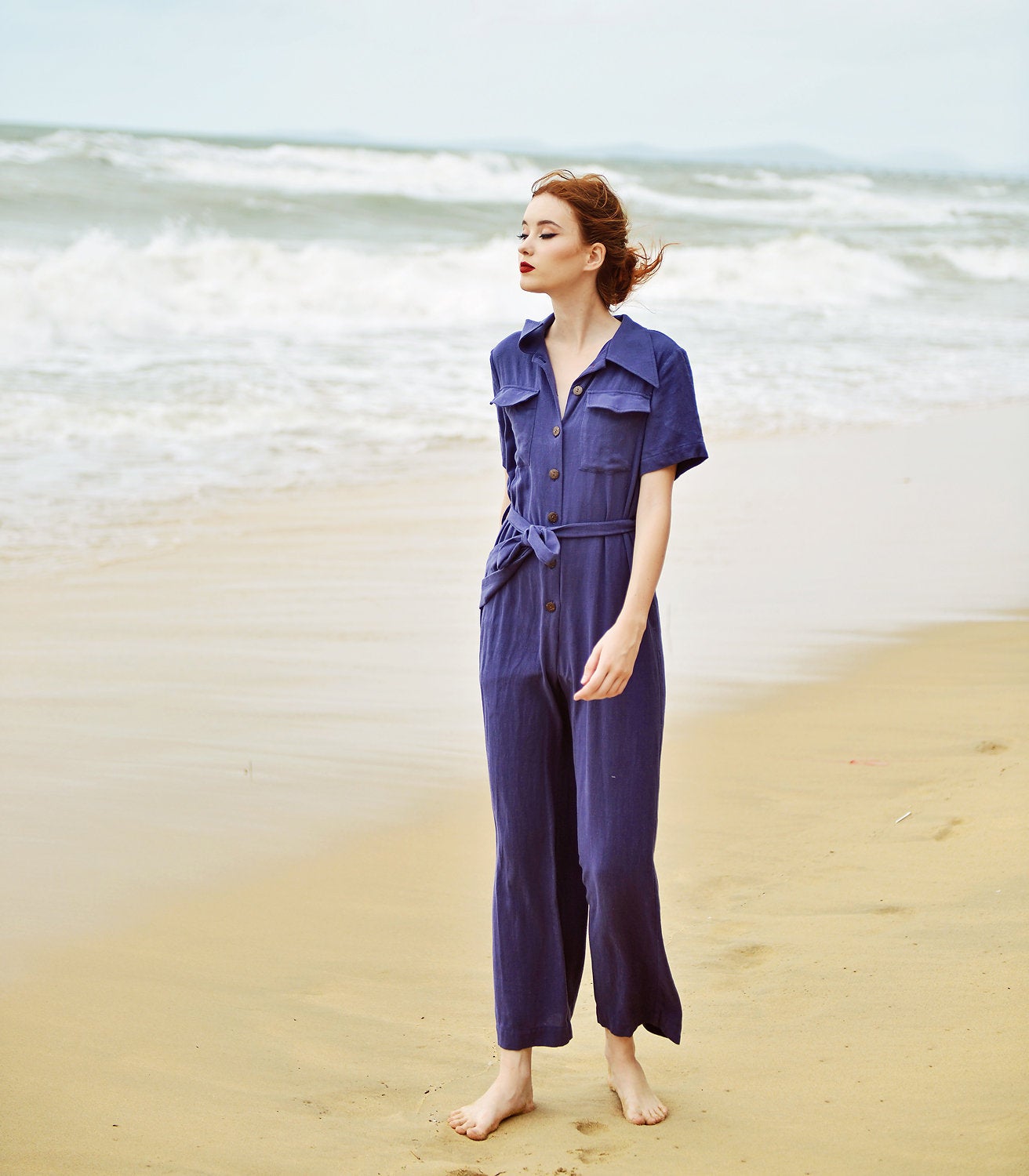 Women Casual Jumpsuit with Buttons - Linen Women Overalls - Cotton Romper with Short Sleeves