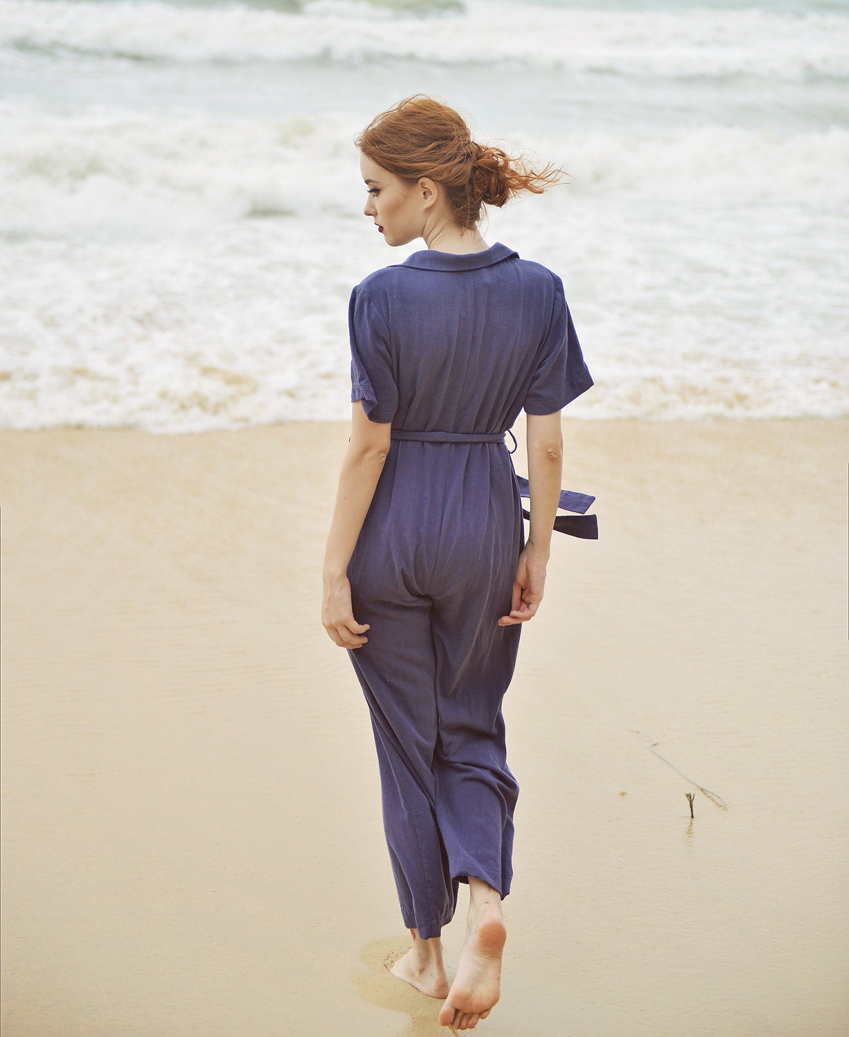 Women Casual Jumpsuit with Buttons - Linen Women Overalls - Cotton Romper with Short Sleeves
