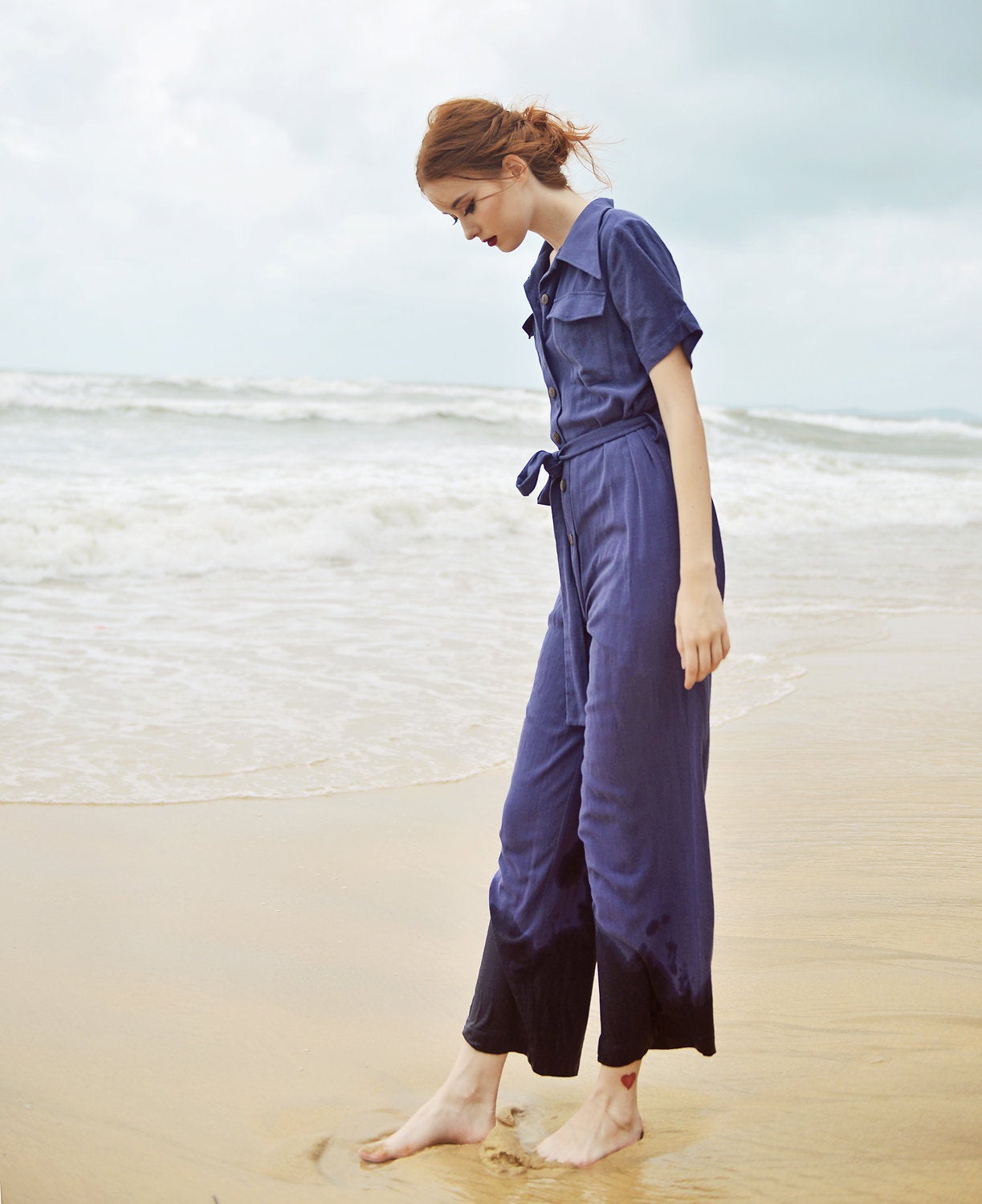 Women Casual Jumpsuit with Buttons - Linen Women Overalls - Cotton Romper with Short Sleeves
