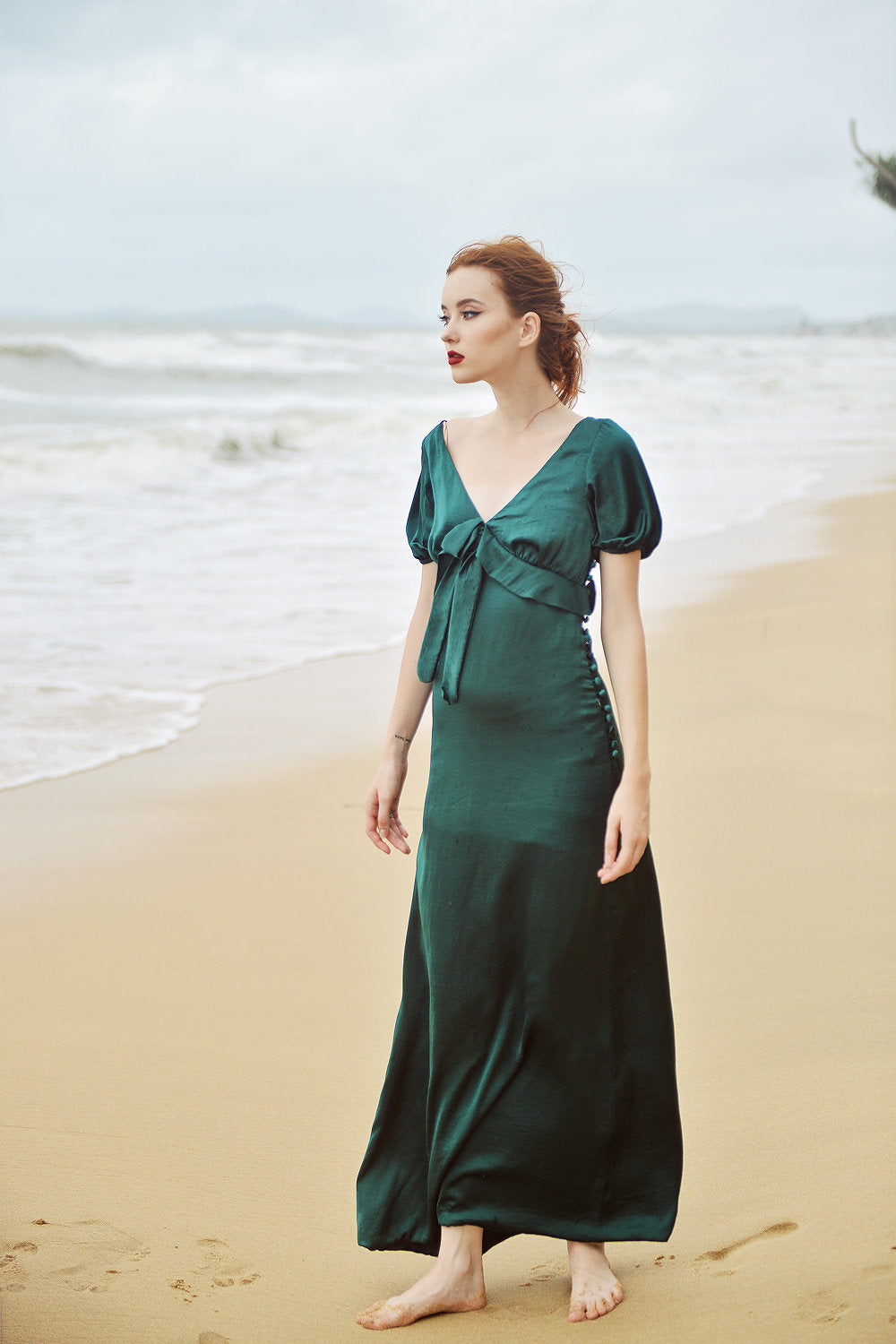 Maxi Silk Dress - Emerald Silk Dress - Silk Dress with Sleeves - Bridesmaids Silk Dress - Long Silk Gown