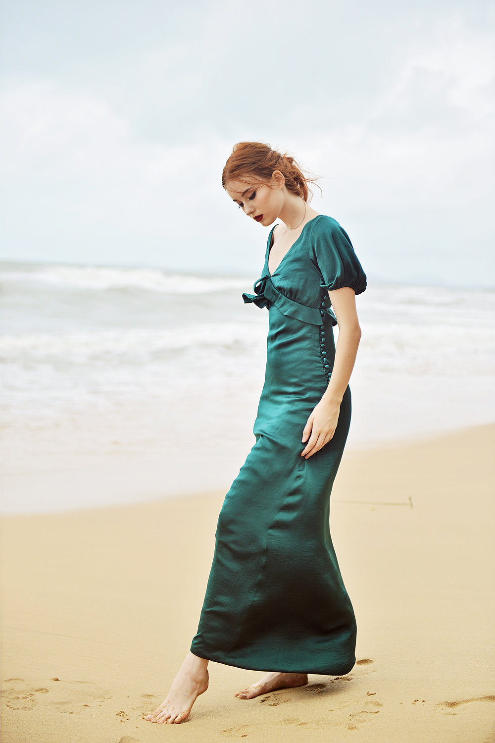Maxi Silk Dress - Emerald Silk Dress - Silk Dress with Sleeves - Bridesmaids Silk Dress - Long Silk Gown