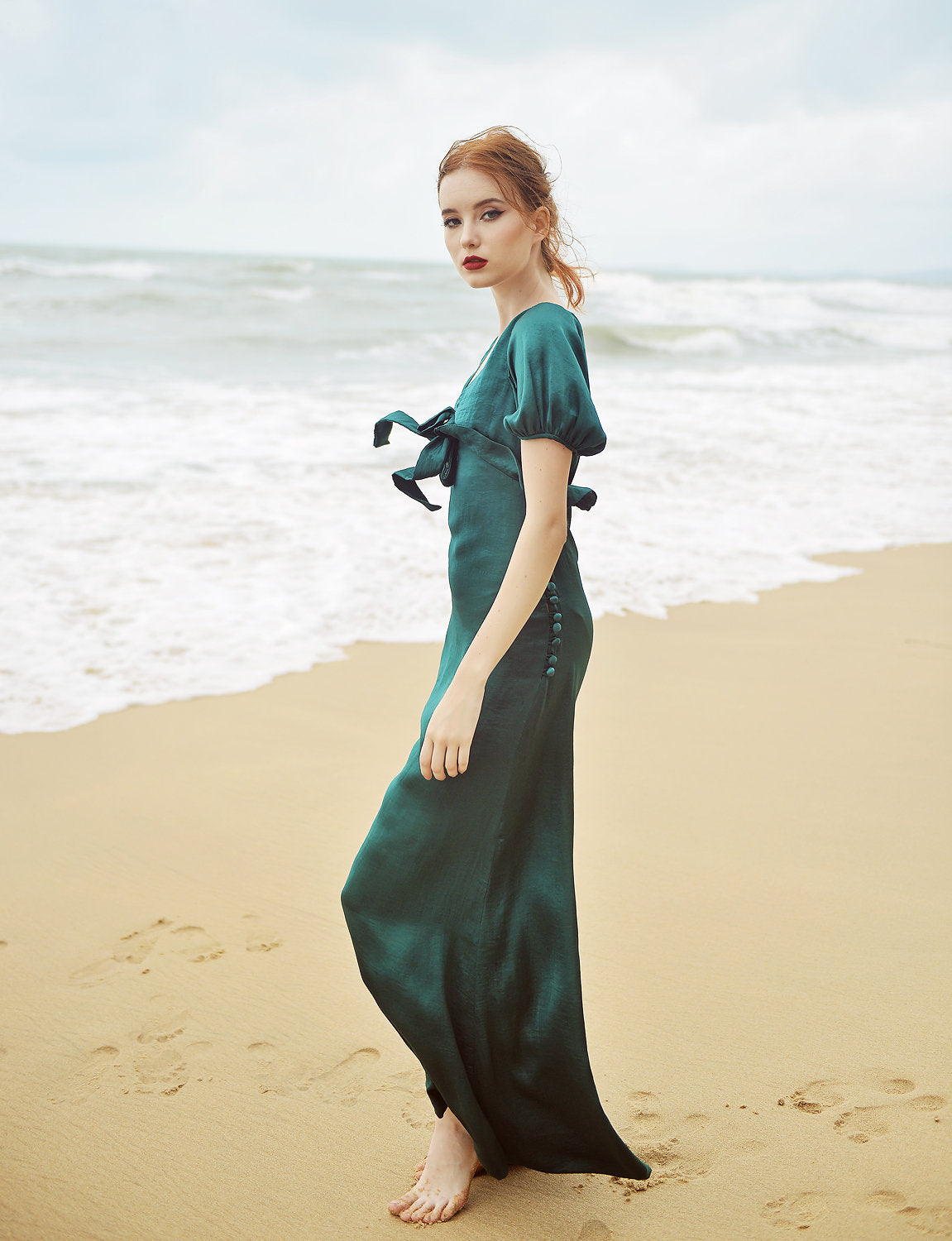 Maxi Silk Dress - Emerald Silk Dress - Silk Dress with Sleeves - Bridesmaids Silk Dress - Long Silk Gown