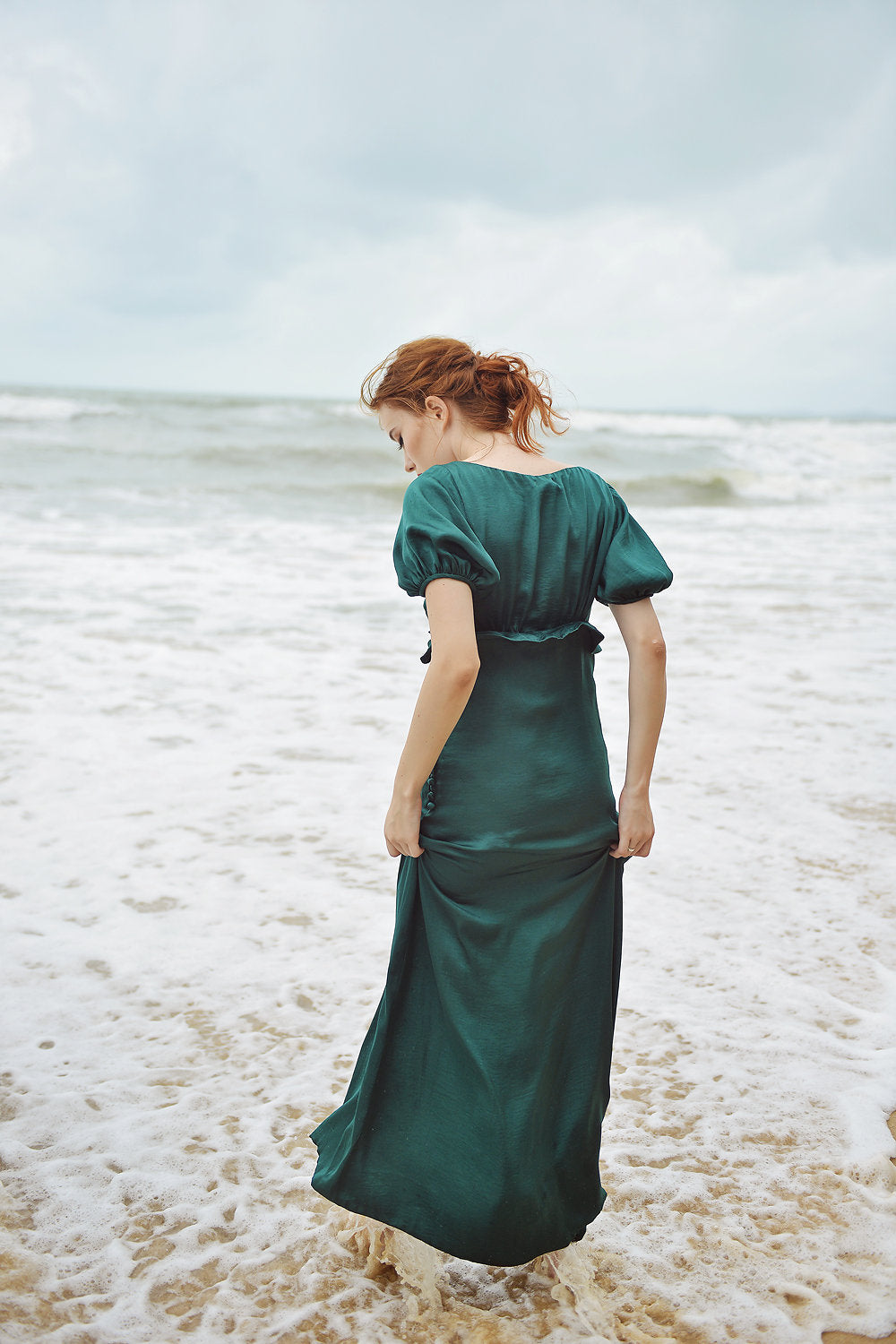 Maxi Silk Dress - Emerald Silk Dress - Silk Dress with Sleeves - Bridesmaids Silk Dress - Long Silk Gown