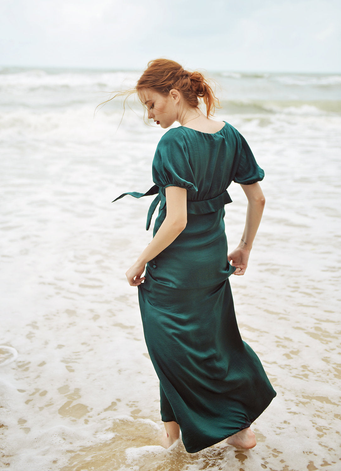 Maxi Silk Dress - Emerald Silk Dress - Silk Dress with Sleeves - Bridesmaids Silk Dress - Long Silk Gown